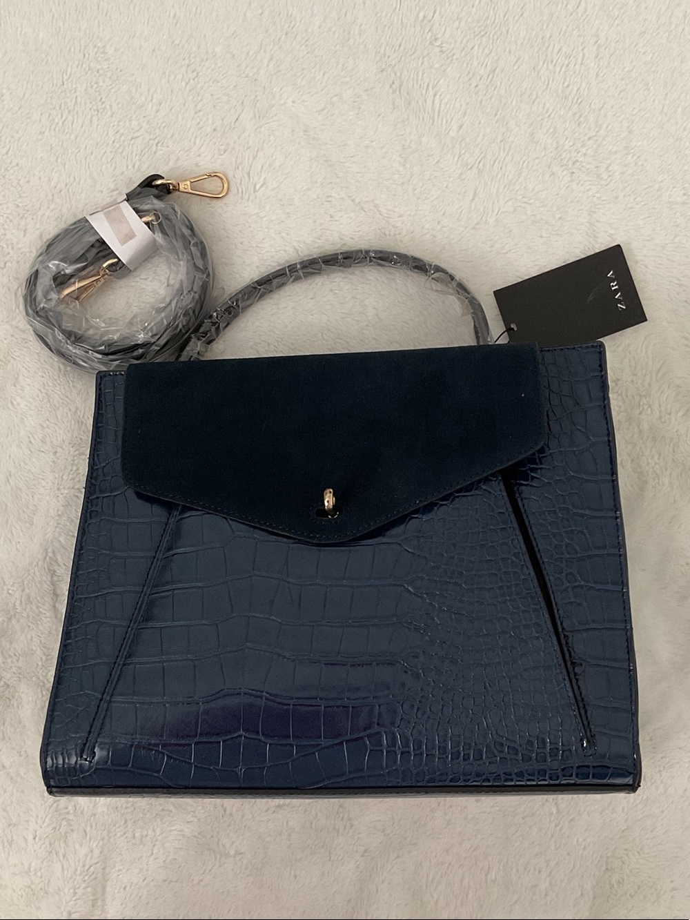 Zara Navy Croc-Embossed Satchel with Suede Flap NWT NOTE: have a damage picture